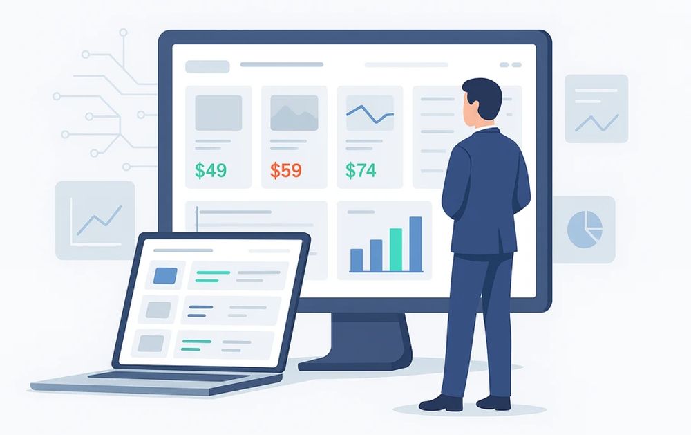Менеджер электронной коммерции анализирует цены конкурентов — человек стоит перед большим экраном с карточками товаров, ценниками и графиками сравнения, отражающими динамику рынка.